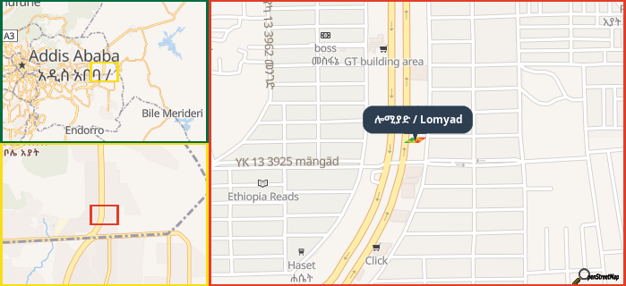 Map showing the address of ሎሚያድ / Lomyad in three different zoom levels.