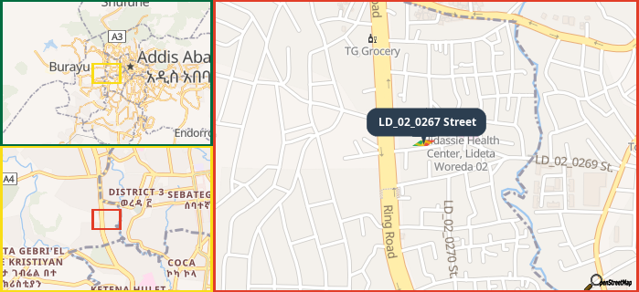 Map showing the address of LD_02_0267 Street in three different zoom levels.