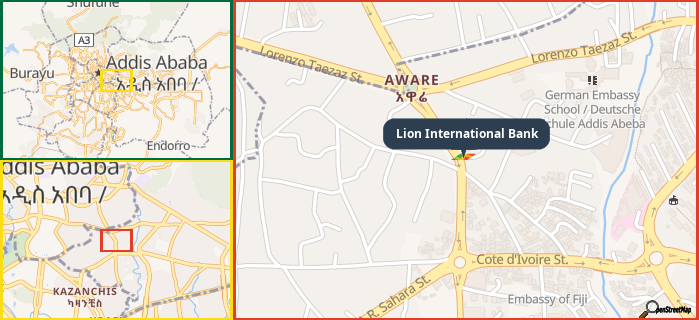 Map showing the address of Lion International Bank in three different zoom levels.