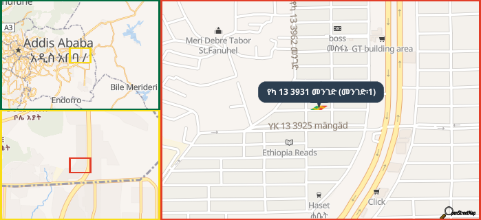 Map showing the address of የካ 13 3931 መንገድ (መንገድ፡1) in three different zoom levels.