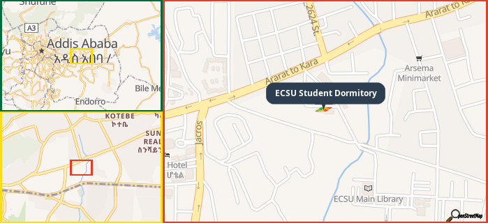 Map showing the address of ECSU Student Dormitory in three different zoom levels.