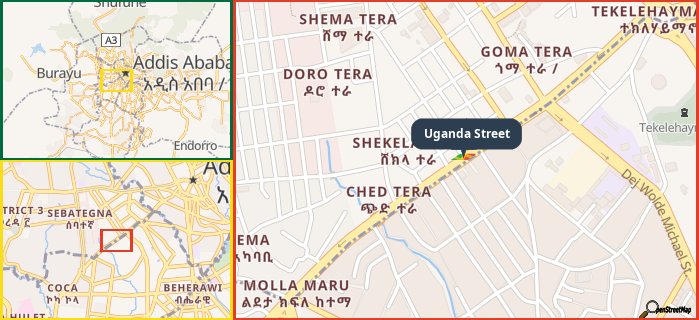 Map showing the address of Uganda Street in three different zoom levels.