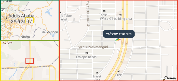 Map showing the address of የኢትዮጵያ ንግድ ባንክ in three different zoom levels.