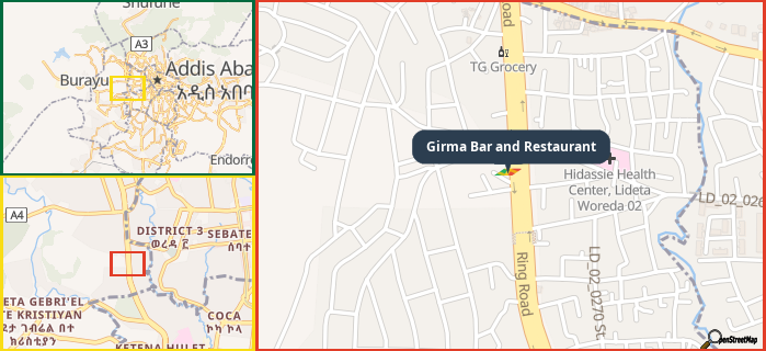 Map showing the address of Girma Bar and Restaurant in three different zoom levels.