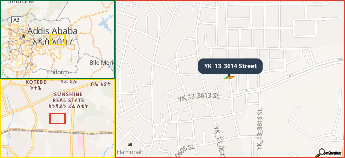 Map showing the address of YK_13_3614 Street in three different zoom levels.