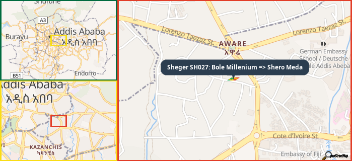 Map showing the address of Sheger SH027: Bole Millenium => Shero Meda in three different zoom levels.