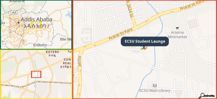 Map showing the address of ECSU Student Launge in three different zoom levels.