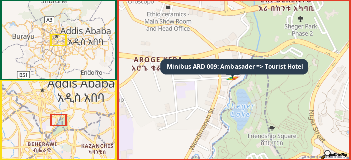 Map showing the address of Minibus ARD 009: Ambasader => Tourist Hotel in three different zoom levels.