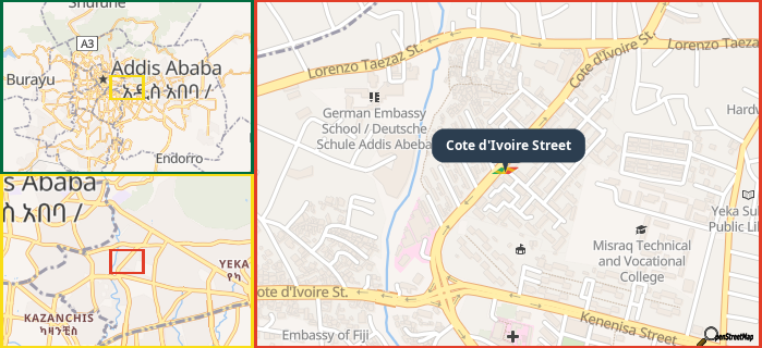 Map showing the address of Cote d'Ivoire Street in three different zoom levels.
