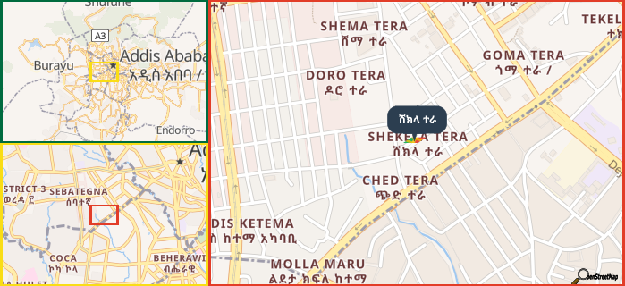 Map showing the address of ሸክላ ተራ in three different zoom levels.