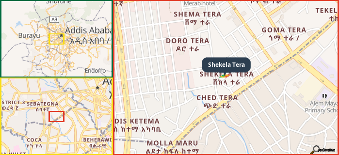 Map showing the address of Shekela Tera in three different zoom levels.