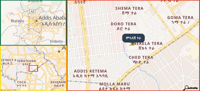 Map showing the address of ምናለሽ ተራ in three different zoom levels.