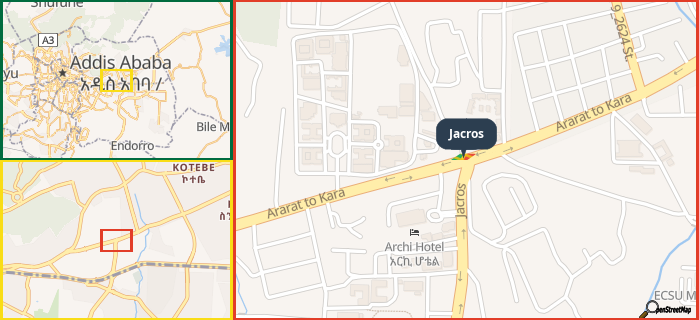 Map showing the address of Jacros in three different zoom levels.