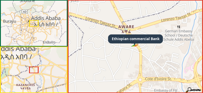 Map showing the address of Ethiopian commercial Bank in three different zoom levels.