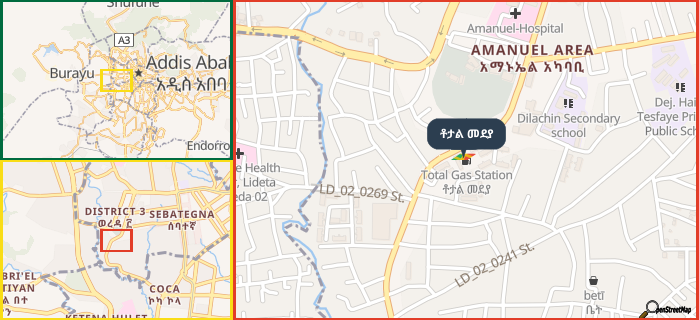 Map showing the address of ቶታል መደያ in three different zoom levels.