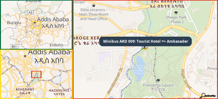 Map showing the address of Minibus ARD 009: Tourist Hotel => Ambasader in three different zoom levels.