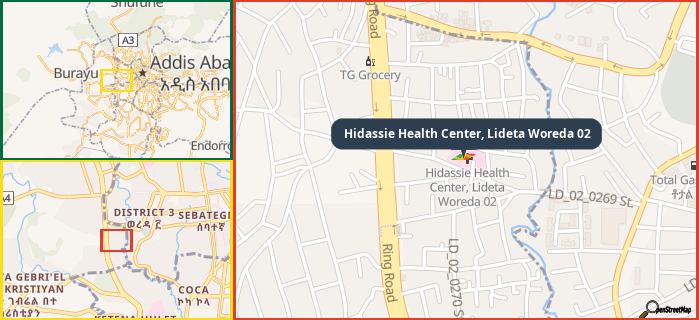 Map showing the address of Hidassie Health Center, Lideta Woreda 02 in three different zoom levels.