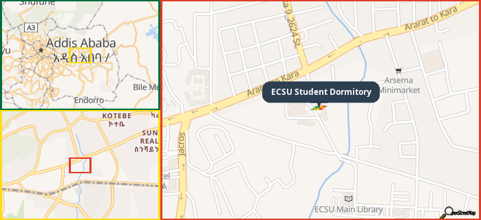 Map showing the address of ECSU Student Dormitory in three different zoom levels.