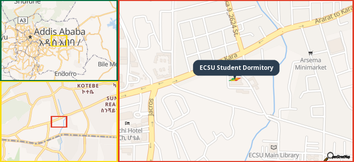 Map showing the address of ECSU Student Dormitory in three different zoom levels.