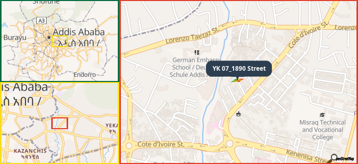 Map showing the address of YK 07_1890 Street in three different zoom levels.