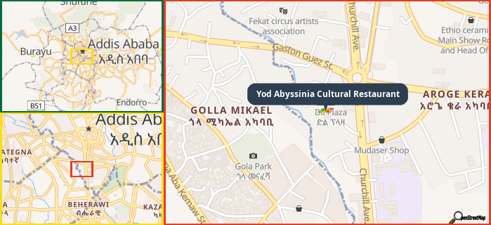 Map showing the address of Yod Abyssinia Cultural Restaurant in three different zoom levels.