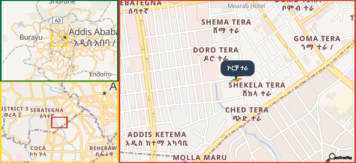 Map showing the address of ኮርቻ ተራ in three different zoom levels.
