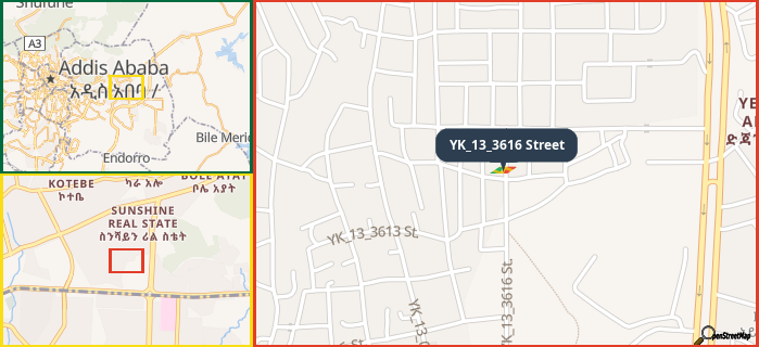 Map showing the address of YK_13_3616 Street in three different zoom levels.