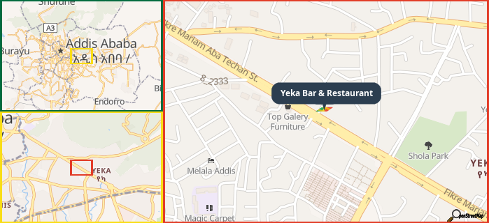 Map showing the address of Yeka Bar & Restaurant in three different zoom levels.