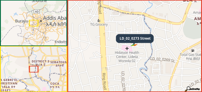 Map showing the address of LD_02_0273 Street in three different zoom levels.