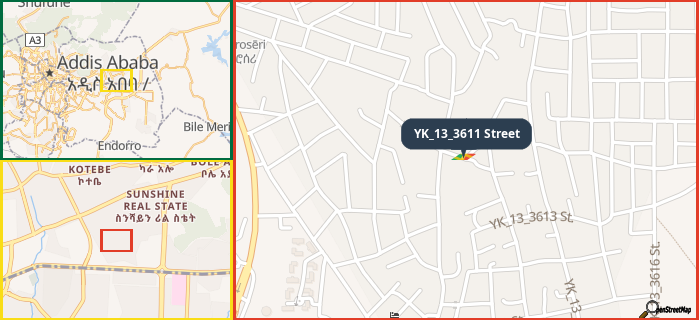 Map showing the address of YK_13_3611 Street in three different zoom levels.