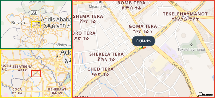 Map showing the address of በርበሬ ተራ in three different zoom levels.