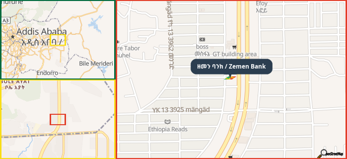 Map showing the address of ዘመን ባንክ / Zemen Bank in three different zoom levels.