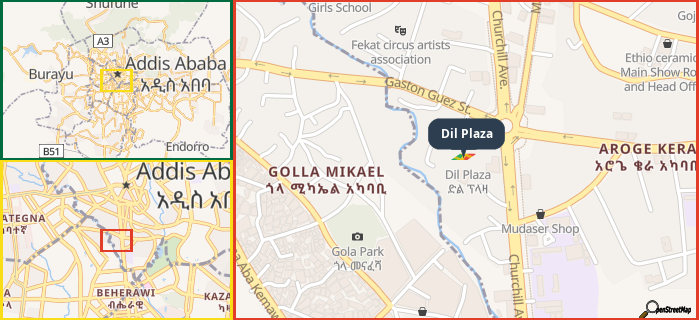 Map showing the address of Dil Plaza in three different zoom levels.