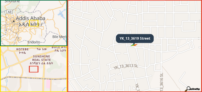 Map showing the address of YK_13_3619 Street in three different zoom levels.