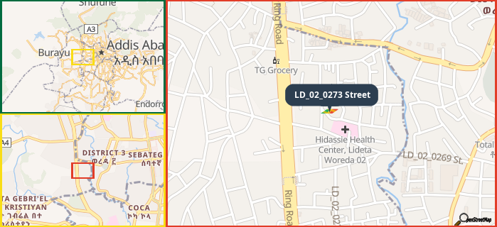 Map showing the address of LD_02_0273 Street in three different zoom levels.