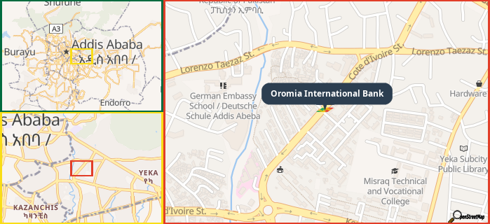 Map showing the address of Oromia International Bank in three different zoom levels.