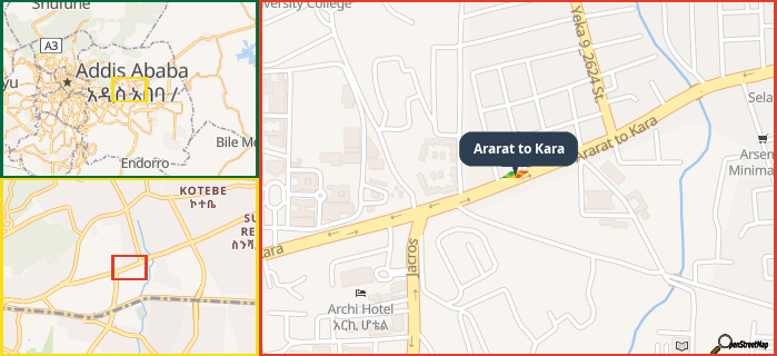 Map showing the address of Ararat to Kara in three different zoom levels.