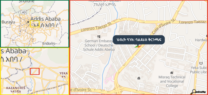 Map showing the address of ህብረት ባንክ: ባልደራስ ቅርንጫፍ in three different zoom levels.