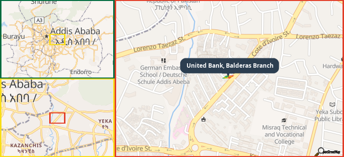 Map showing the address of United Bank, Balderas Branch in three different zoom levels.