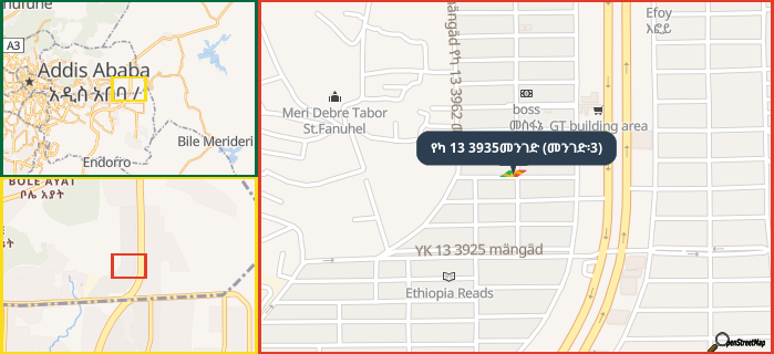 Map showing the address of የካ 13 3935መንገድ (መንገድ፡3) in three different zoom levels.