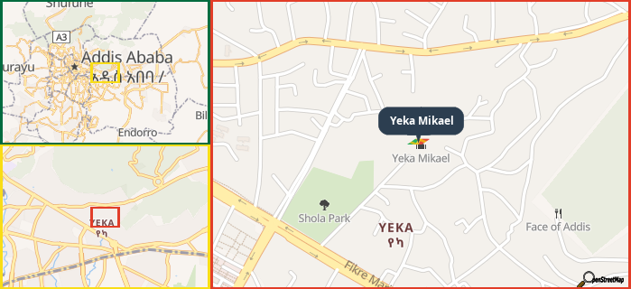 Map showing the address of Yeka Mikael in three different zoom levels.