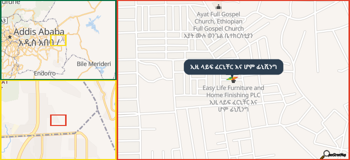 Map showing the address of ኢዚ ላይፍ ፈርኒቸር እና ሆም ፊኒሺንግ in three different zoom levels.