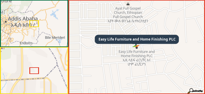 Map showing the address of Easy Life Furniture and Home Finishing PLC in three different zoom levels.