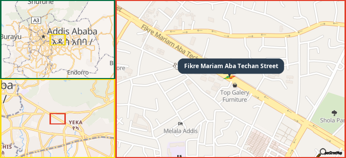 Map showing the address of Fikre Mariam Aba Techan Street in three different zoom levels.
