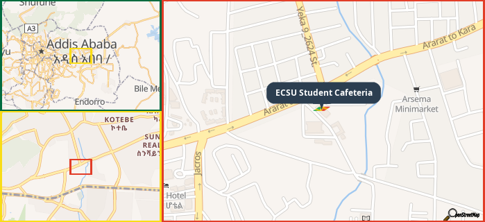 Map showing the address of ECSU Student Cafeteria in three different zoom levels.