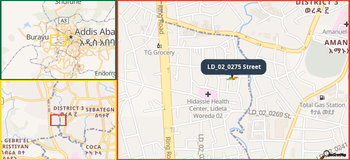 Map showing the address of LD_02_0275 Street in three different zoom levels.