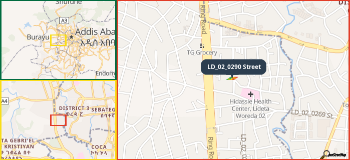 Map showing the address of LD_02_0290 Street in three different zoom levels.