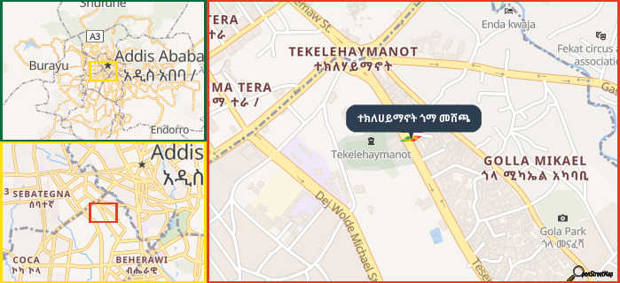 Map showing the address of ተክለሀይማኖት ጎማ መሸጫ in three different zoom levels.