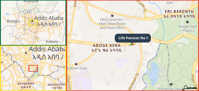 Map showing the address of Life Pension No 1 in three different zoom levels.