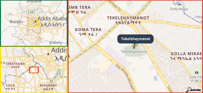 Map showing the address of Tekelehaymanot in three different zoom levels.
